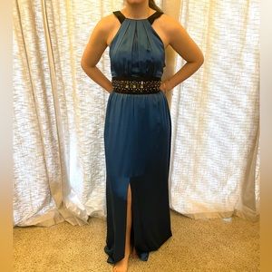 Teal 100% Silk Gown with unique halter top and slits